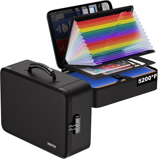 ENGPOW 5200℉ Fireproof Document Box with 25 Pockets Accordion File Folder | Heat Insulated Water Resistant File Organizer Box with Lock,Soft Case,Home Travel Safe Storage for Important Documents,Black