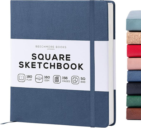 Beechmore Books Square Mixed Media Sketchbook - 8"x8" Professional Art Journal, 160 GSM / 98 lb Ivory Paper, Perforated Pages, Vegan Leather Hardcover, Lay-Flat Design for Drawing & Doodling