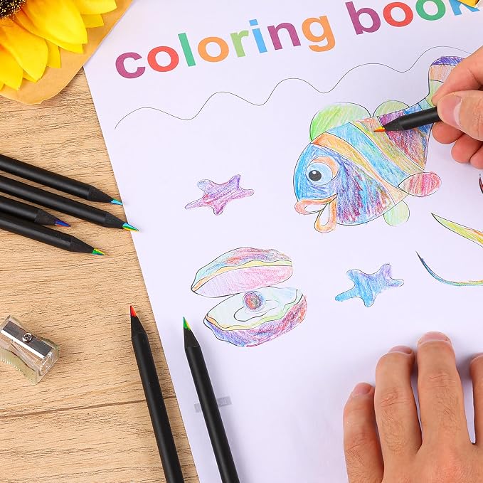 Art Supplies for Kids and Adults, 7 Color in 1 Black Wooden Rainbow Colored Pencils Pre-sharpened, with Sharpener, for Coloring Books, Easter Basket Stuffers, Drawing, Sketching (12pcs)