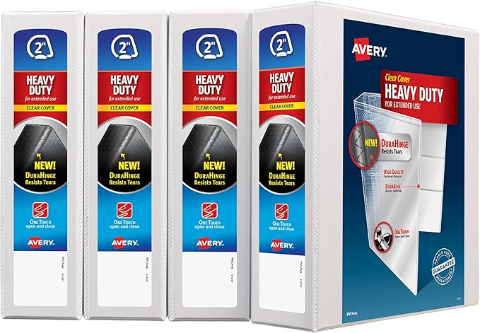 Avery Heavy-Duty View 3 Ring Binder, 2" One Touch Slant Rings, Holds 8.5" x 11" Paper, 4 White Binders (79790)
