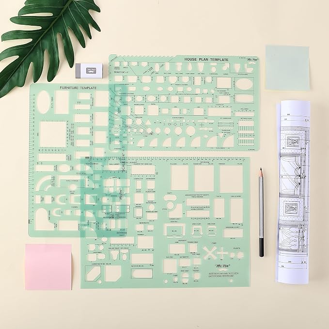 Mr. Pen- House Plan, 3 pcs, Interior Design and Furniture Templates | Clear Flexible Plastic, Drafting Tools, Ruler Shapes for Architecture, 1/4 Inch Scale, Kitchen, Bath, Bedroom, Office