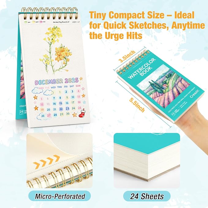 2-Pack Small Watercolor Sketchbook, 3.5" x5.5”(140lb/300g), Spiral Bound with Tear Line. Artist Water Color Paper, Portable Travel Notebook for Watercolor or Quick Sketch - Ideal for Kids & Adults