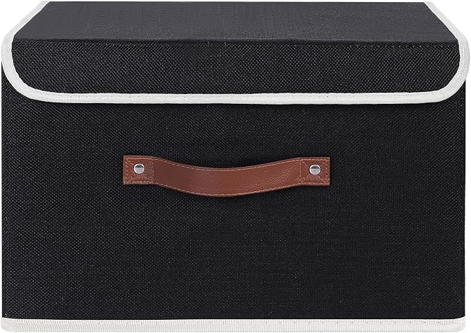 ANMINY 2PCS Storage Bin with Lid Storage Boxes with PU Leather Handles PP Plastic Board Decorative Foldable Lidded Cotton Linen Fabric Home Cubes Baskets Closet Organizer Container - Black, Medium