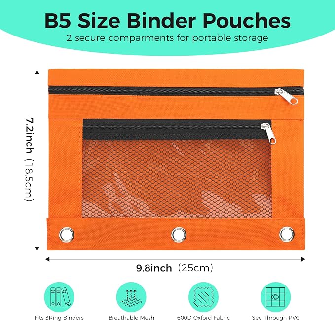 Pencil Pouch for 3 Ring Binder, Pencil Case with Zipper, 600D Fabric Pencil Pouch Bag Holder Accessories, Clear Window Pencil Case Aesthetic Back to School Organizer Pockets for Boy Girl (Orange)