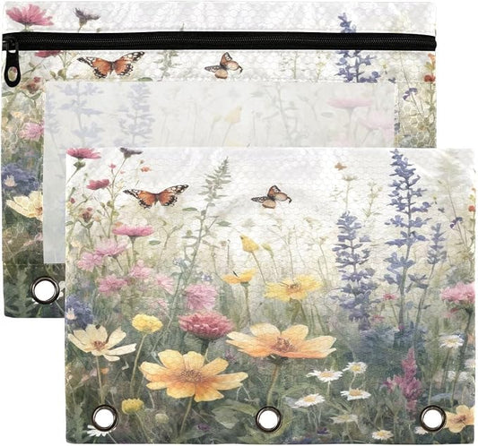 Butterfly Wildflower Pencil Pouch Fits standard 3-ring binders, Zipper Binder Pencil Bag with Clear Window for Office 2 Pack