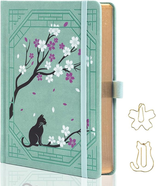 TIEFOSSI A5 Lined Journal, Cute Cat Journal for Women Girls, College Ruled Notebook with Pretty Sakura Pattern, Aesthetic Diary for Writing Journaling Drawing, Golden Edges