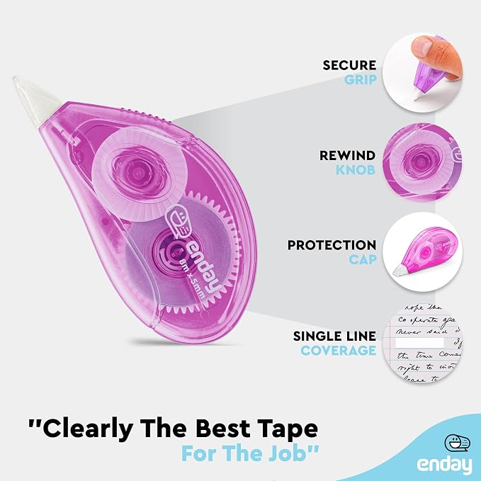 Enday White Out Correction Tape, Purple Dispenser White Out Tape, Easy to Use Applicator for Instant Corrections, Whiteout Suitable for Students, Teachers, and Office Workers