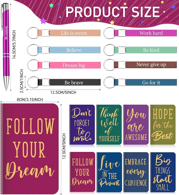 PerKoop 48 Pcs Inspirational Gifts Set Inspirational Quote Notepads 3 x 5 Inch Motivational Ballpoint Pens Keychains Bulk Colorful Journal Notebooks for School Office Party Favor Supplies
