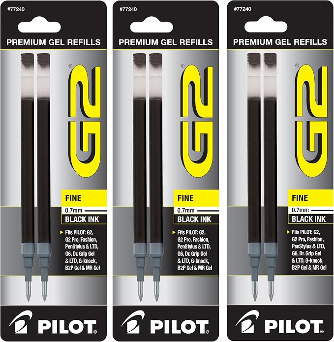 Pilot, G2 Gel Ink Refills, Fine Point 0.7 mm, Black, Pack of 6