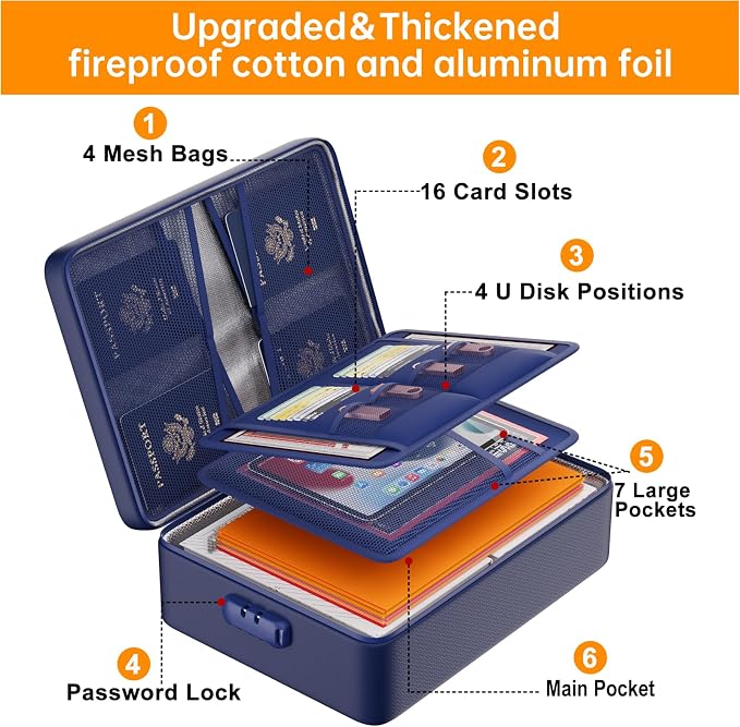 DocSafe 5200°F Fireproof Document Organizer Box with Lock, Blue (Soft) | Heat Insulated 8 Layers File Protection Bag,Water-Resistant Zipper,Portable Home Office Travel Safe Storage for Files,Laptop