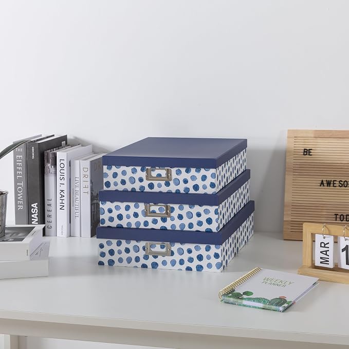 Soul & Lane - Decorative Storage Boxes with Lids, Set of 3, Blue Spots | Large Photo Keepsake Box Set for Organizing Documents and Memories, Cute Flat Nesting Cardboard Organizers for Scrapbooking
