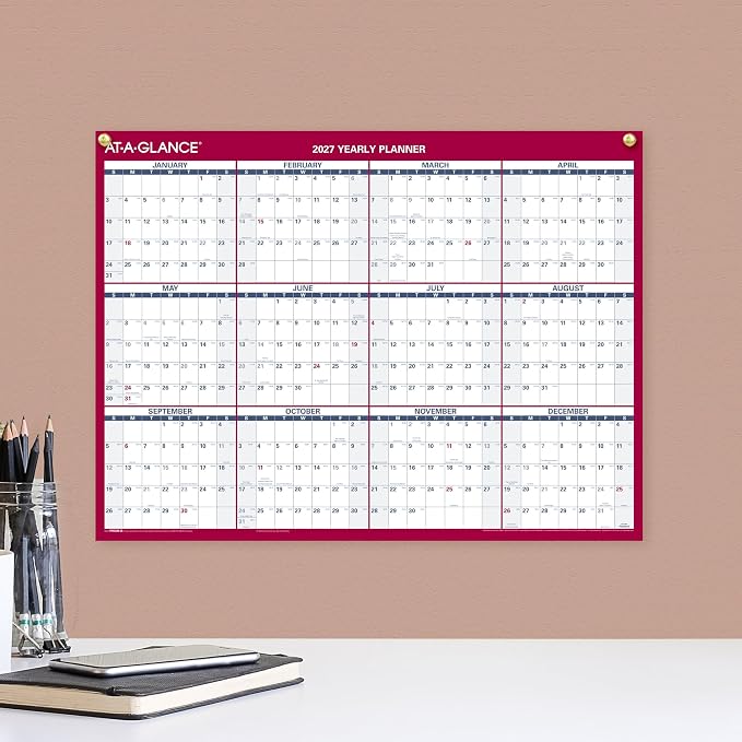AT-A-GLANCE 2027 Erasable Calendar, Dry Erase Wall Planner, 12" x 16", Vertical-Horizontal, Reversible (PM330B2827)