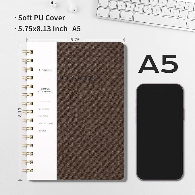 Spiral Notebook-5.75" x 8.125" College Ruled Journal with Inner Pockets and 160 Pages,PU Leather Cover Business Journal, Twin-Wire Binding Notebook Perfect for Office & Home School Supplies Coffee