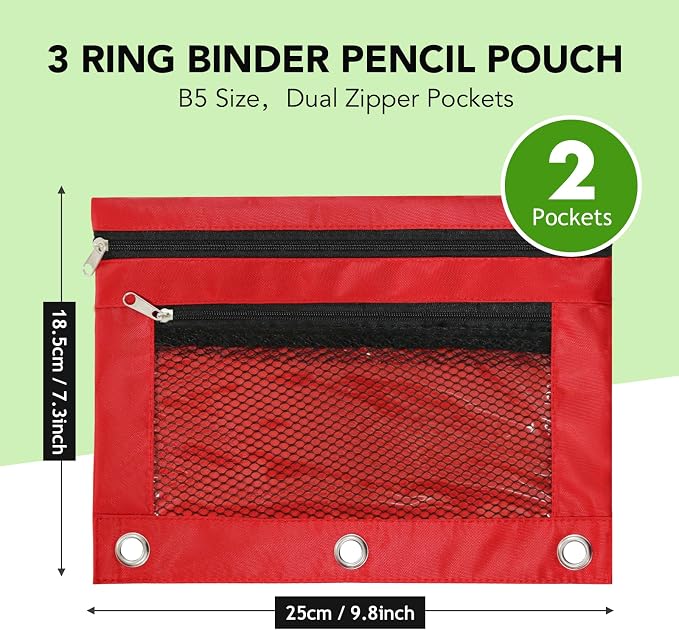 Pencil Pouch for 3 Ring Binder, Heavy Duty Canvas Dual Zipper Pen Bag with Clear Window, Smooth Metal Zipper, Fit Standard 3-Ring Binders for School Office Travel Supplies (Red)