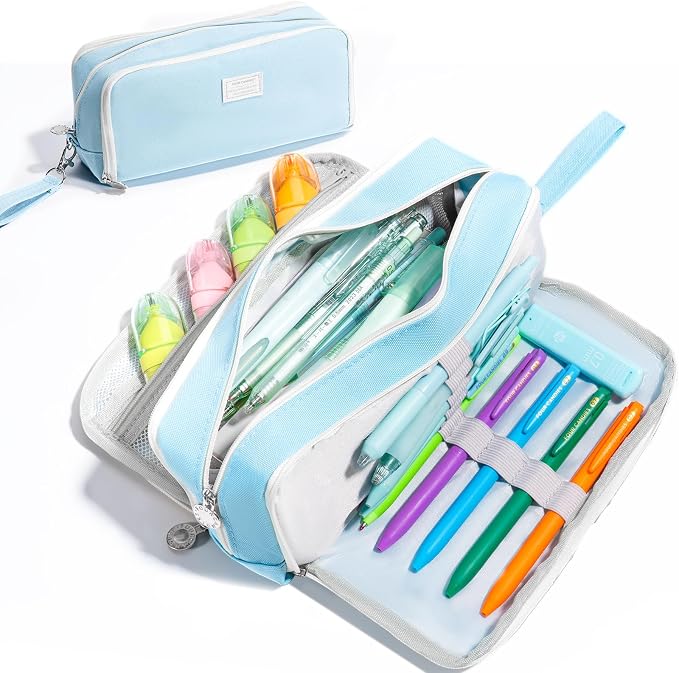 Four Candies Blue Pencil Case 3 Compartment Pouch, Large Pencil Pouch for School, Girls, Teen Boys, Women, Blue, Removable Handle & Zipper, Cute Pencil Bag for Office, College