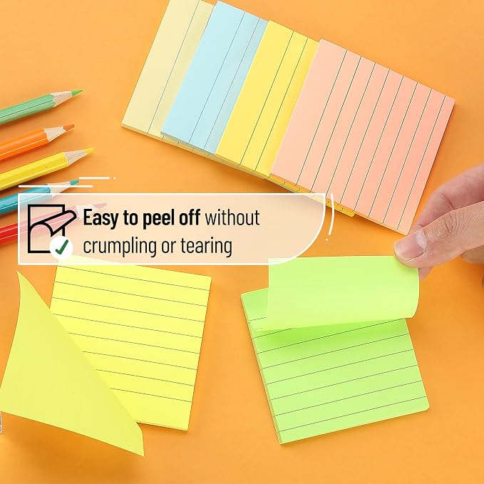 Mr. Pen- Lined Sticky Notes, 3" x 3", 6 Pads, 45 Sheets/Pad | Sticky Notes with Lines, Ruled Post Stickies, Memo Pads, Self-Stick Note Pad for Office, School, Home, Study & Organization