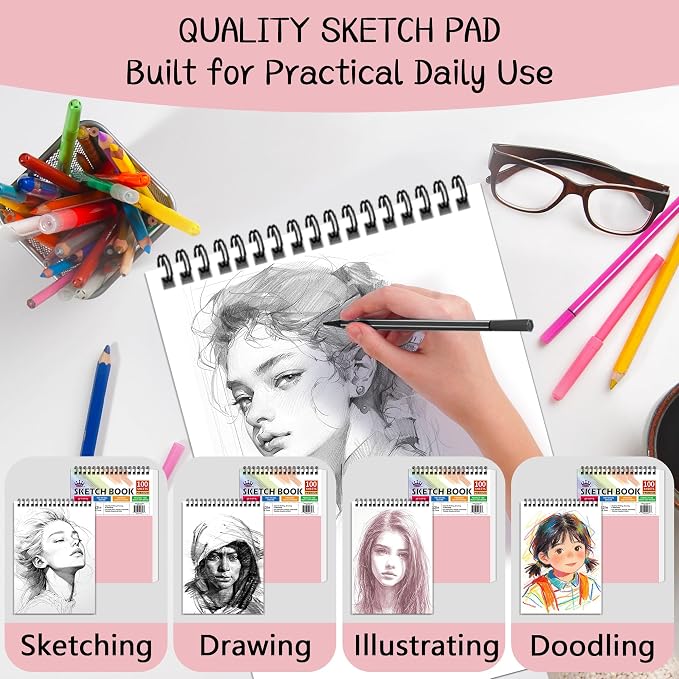 WINNER 9" x 12" Sketch Book 4 Pack, 400 Sheets Spiral Bound Art Sketchbook, 68lb/100gsm White Acid Free Drawing Pad, Sketching Drawing Writing Sketch Pad for Kids, Adults, Art Supplies, Pink