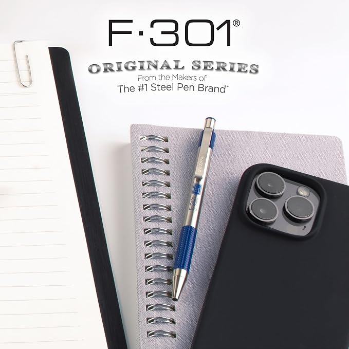Zebra Pen F-301 STEEL Retractable Ballpoint Pen, Blue Ink, 0.7mm, 2-Pack