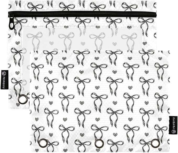 Gredecor 3 Ring Binder Pencil Pouch, Sketched Ink Bows Hearts Zippered Pen Case Pouches with Clear Window, 2 Pack Stylish Office & School Supplie