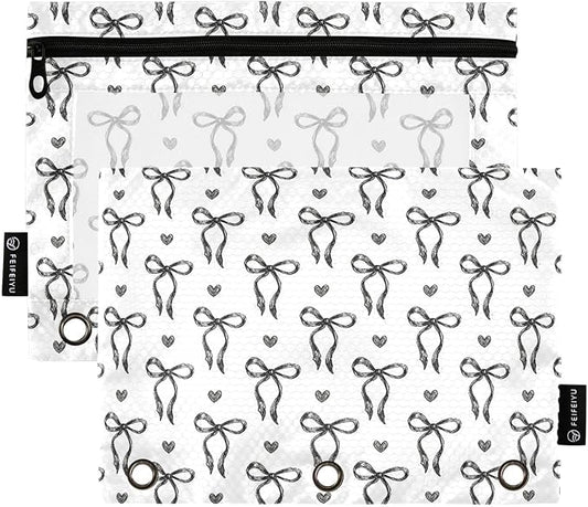 Gredecor 3 Ring Binder Pencil Pouch, Sketched Ink Bows Hearts Zippered Pen Case Pouches with Clear Window, 2 Pack Stylish Office & School Supplie