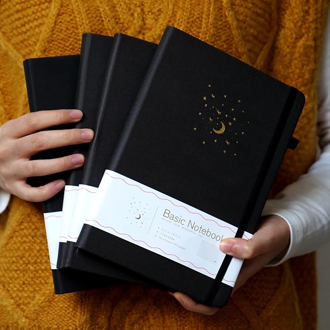 CAGIE 4 Pack Lined Journal Notebooks for Work, Hardcover Notebook Journal with Pen Loop, A5 Leather Notebook Journal Cover, Medium 5.7" x 8.3", (Black Ruled)