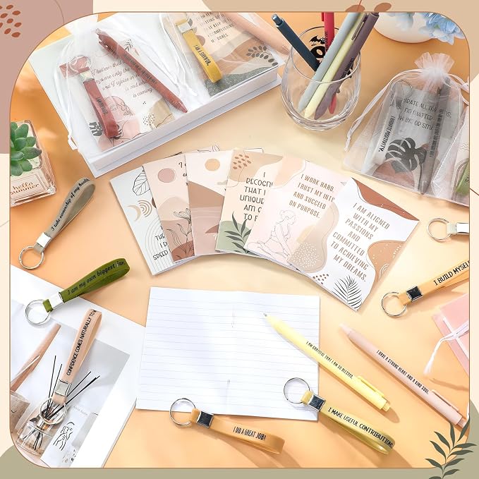 Mooliwe 12 Set Positive Affirmation Gift Set Gratitude Notebooks with Pens Keychains Small Bags Motivational Party Favors for Adult Women Coworkers Employee Group (Groovy)