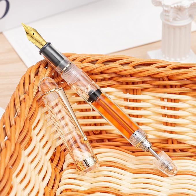 Asvine V126 Vacuum Filling Fountain Pen, Clear Demonstrator Acrylic Stub Nib 1.1mm Calligraphy Art Drawing with Case Set