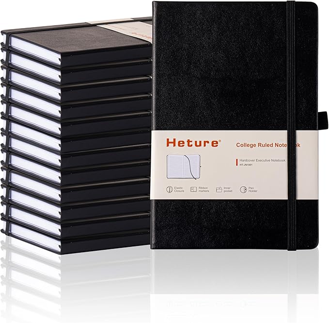 Heture 12 Pack Hardcover Journal Notebooks, A5 Lined Notebook for Writing and Work, 160 Pages 100 GSM Thick Paper, Ruled Notebooks Bulk with Elastic Closure, Hardcover Notebook for Work, School, Travel, Note Taking (Black)