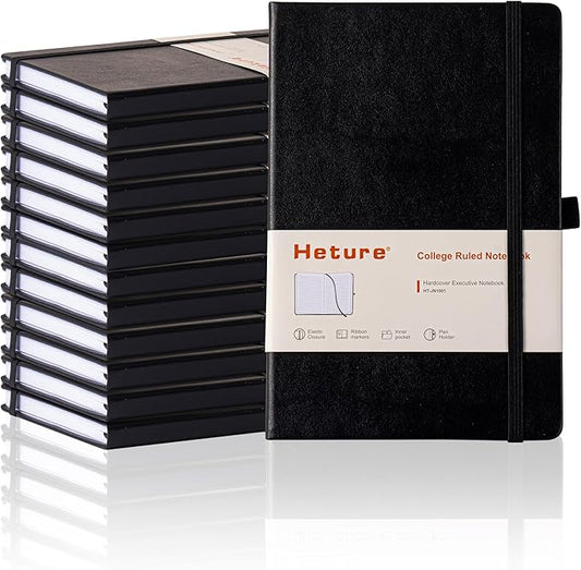Heture 12 Pack Hardcover Journal Notebooks, A5 Lined Notebook for Writing and Work, 160 Pages 100 GSM Thick Paper, Ruled Notebooks Bulk with Elastic Closure, Hardcover Notebook for Work, School, Travel, Note Taking (Black)