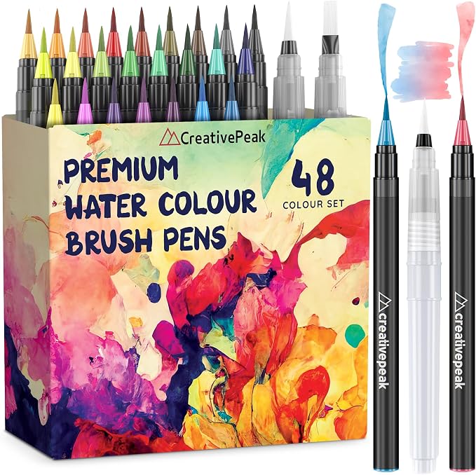 Creativepeak Watercolor Brush Pens - 48 Vibrant Soft Tip Coloring Markers with 2 Blending Brushes - Premium Art Supplies for Calligraphy, Lettering, Coloring & Journaling