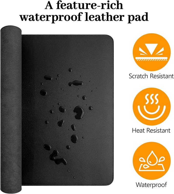 Black Leather Desk Mat Large Mouse Pad, Waterproof Desk Pad for Keyboard and Mouse, Non-Slip Computer Desk Protector, Smooth Mouse Movement Desk Mat for Home and Office(31.5"×15.7")