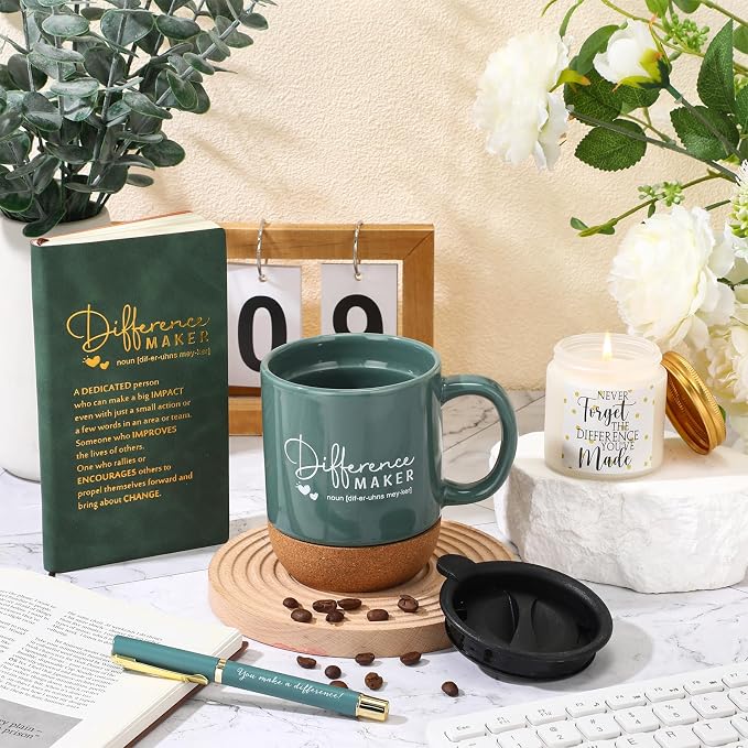 4 Pcs Difference Maker Gift Set Mug Notebook Candle Pen,Dark Green,Word
