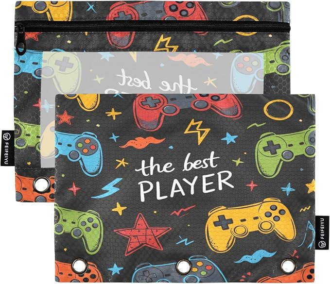 Gredecor Binder Pencil Pouch 3 Ring Video Game Lightning Zipper Pencil Pouches Case 2 Pack Clear Binder Organizer for School Office