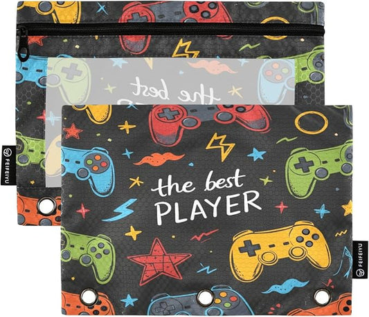 Gredecor Binder Pencil Pouch 3 Ring Video Game Lightning Zipper Pencil Pouches Case 2 Pack Clear Binder Organizer for School Office