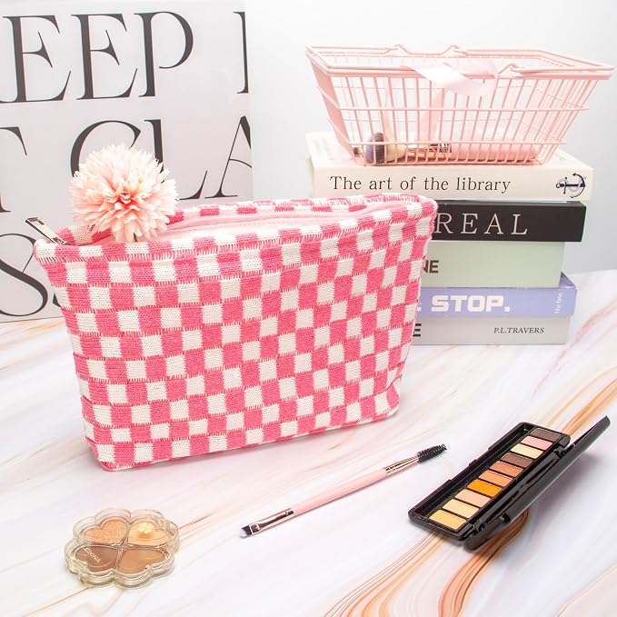 PAZIMIIK Checkered Makeup Bag for Purse, Small Flat Cosmetic Pouch,Pink | Cute Zipper Makeup Organizer for Women, Travel Essentials, Toiletries, Makeup Brushes, Beauty Accessories&Bridesmaid Gifts