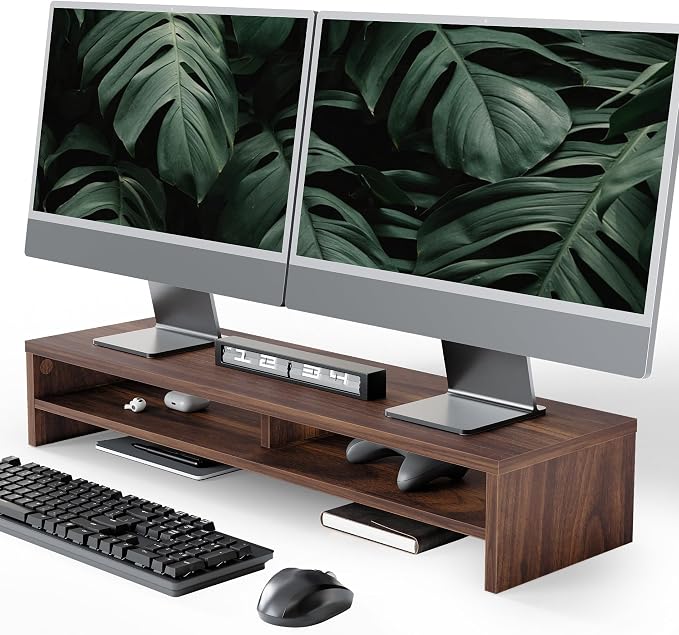 Fenge 31.5 Inch Dual Monitor Stand Riser for Desk, Brown | Wooden Desk Shelf, 2-Tier Open Storage Compartment, for PC Laptop Screen Printer, Home Office Desktop Organizer
