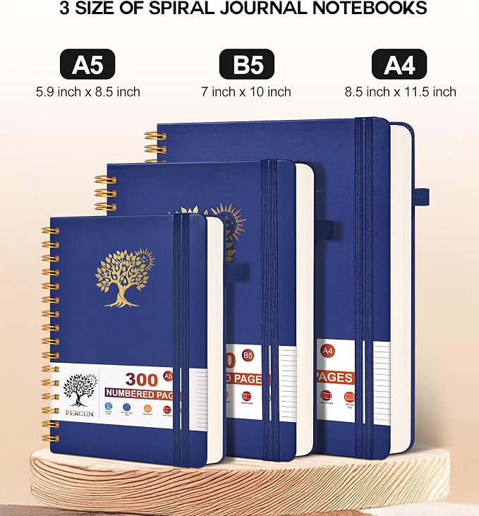PERCUN Spiral Notebook 300 Numbered Lined Pages Hardcover Journal 8.5"x11" | College Ruled Spiral Bound Notebook with Tabs, A4 Large Leather Journal for Women Men, Work, School, Writing & Note Taking