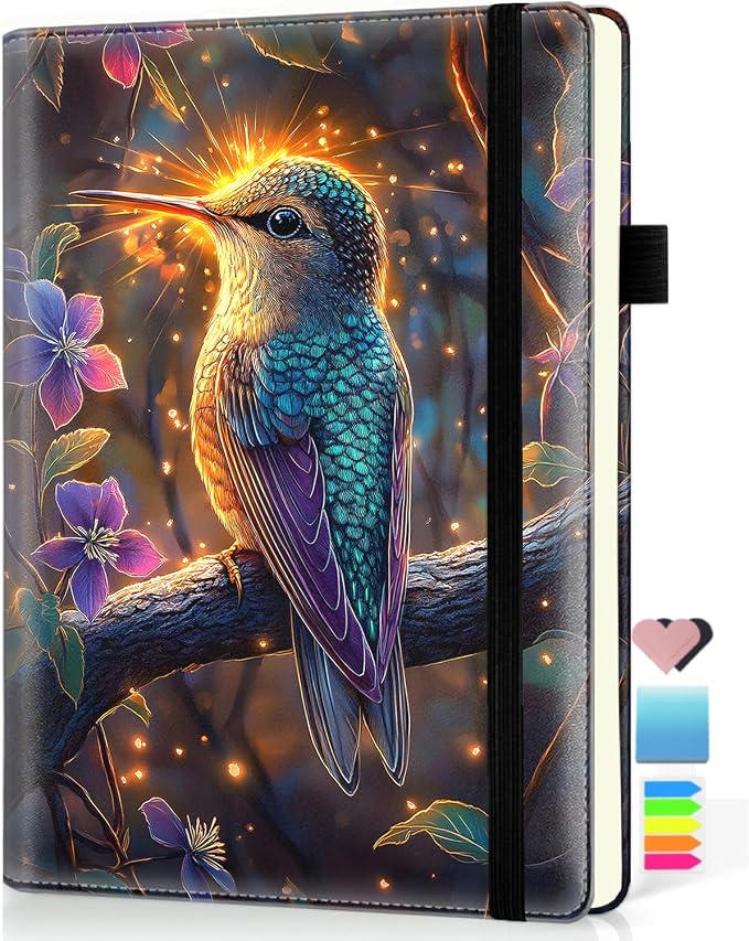 Hardcover Executive Notebooks, A5 PU Leather Lined Journal Notebook, 200 Pages Thick Paper Subject Notebooks for School,Work,Home Writing Business Notebook, Blooming Flower and Hummingbird