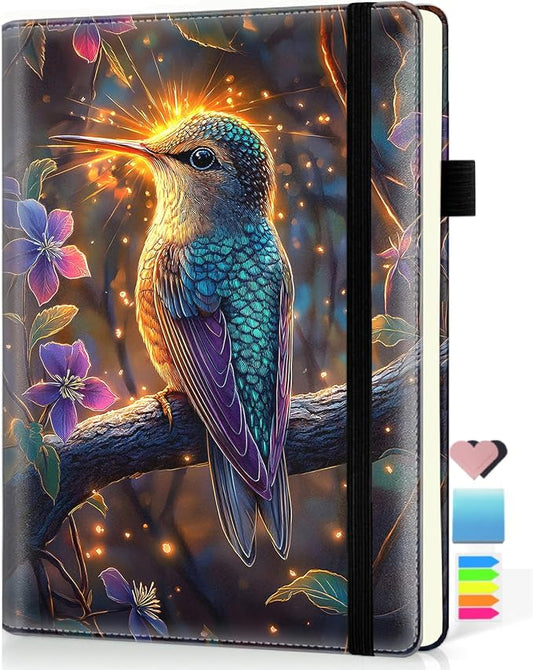 Hardcover Executive Notebooks, A5 PU Leather Lined Journal Notebook, 200 Pages Thick Paper Subject Notebooks for School,Work,Home Writing Business Notebook, Blooming Flower and Hummingbird