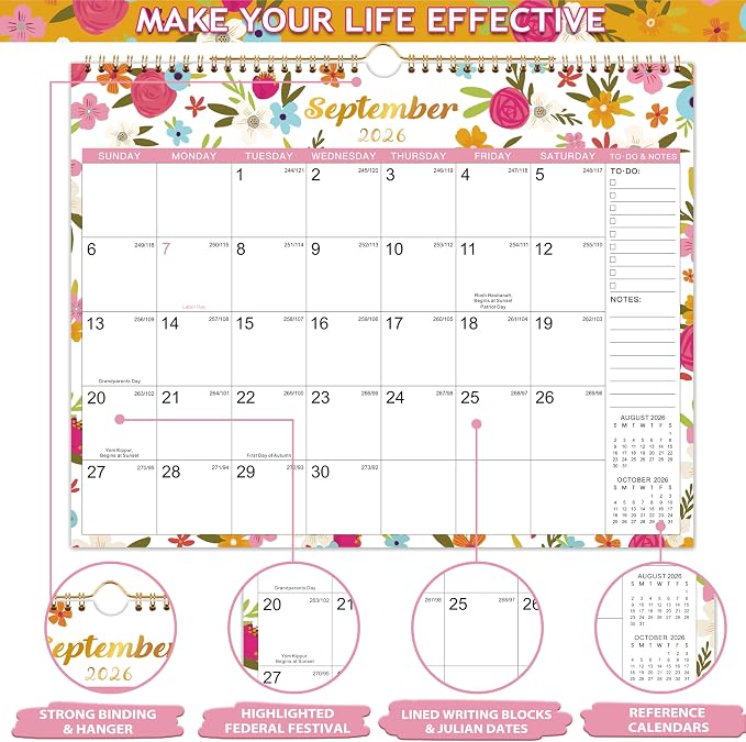Wall Calendar 2026-2027 - 2026-2027 Calendar from Jul. 2026 to Dec. 2027, 14.75‘’ x 11.5‘’, Monthly Calendars 2026-2027 with Hanging Hole, Large Blocks