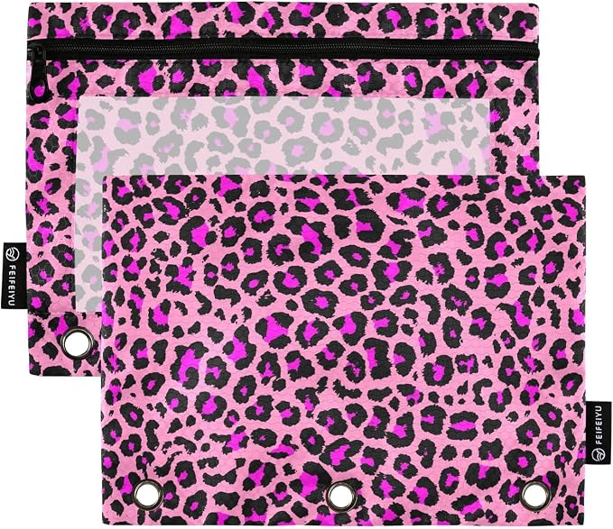 Pink Leopard Cheetah Pencil Pouch Fits Standard 3-Ring Binders, Zipper Binder Pencil Bag with Clear Window for Class Office 2 Pack