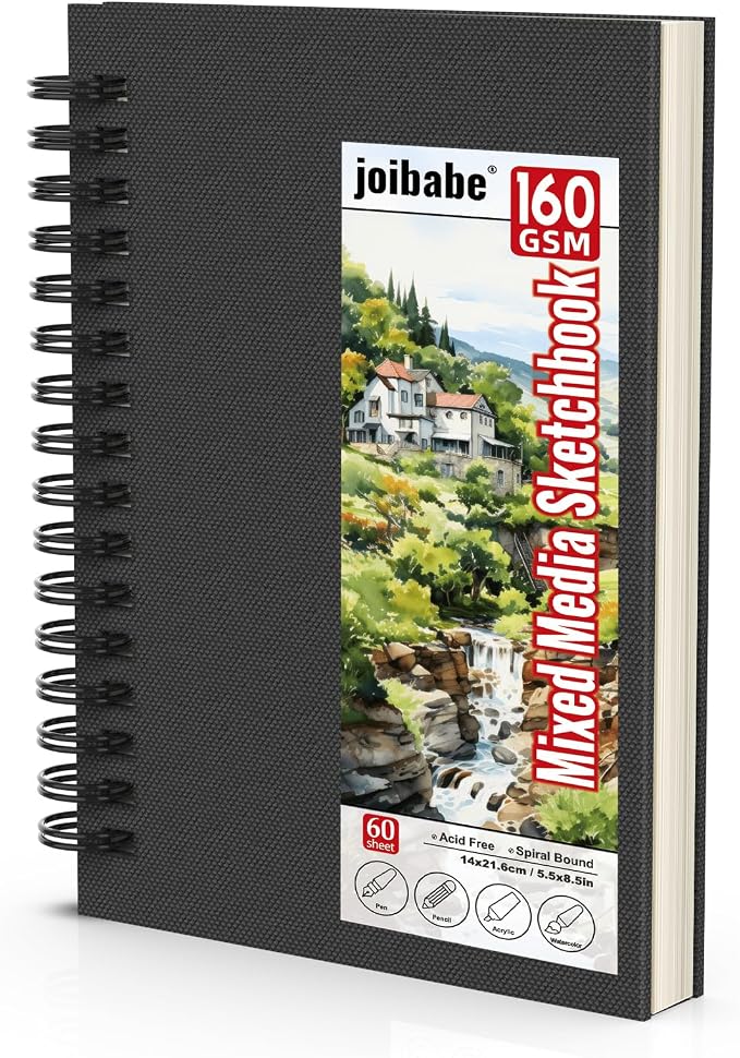 joibabe Spiral Bound Mixed Media Sketchbook, 160 GSM Heavyweight Paper, 60 Sheets, Acid Free Art Notebook for Drawing, Watercolor, Acrylic, Sketching, 5.5x8.5 Inch, 2 Pack