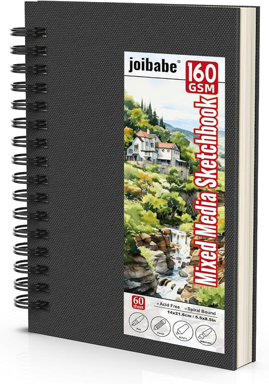 joibabe Spiral Bound Mixed Media Sketchbook, 160 GSM Heavyweight Paper, 60 Sheets, Acid Free Art Notebook for Drawing, Watercolor, Acrylic, Sketching, 5.5x8.5 Inch, 2 Pack