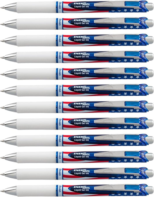 Pentel EnerGel RTX Retractable Liquid Gel Pen, (0.7mm) Medium Line, Metal Tip, Flag Barrel, Black Ink (BL77USA-A) (Pack of 1, 12 Count Total)
