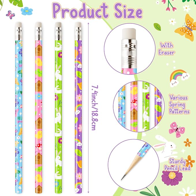 Xqumoi 60Pcs Spring Pencils with Eraser - Hello Spring Flower Rabbit Butterfly #2 HB Pencils, School Classroom Student Rewards Office Supply Holiday Gift Goodie Bag Fillers Stuffers Party Favors