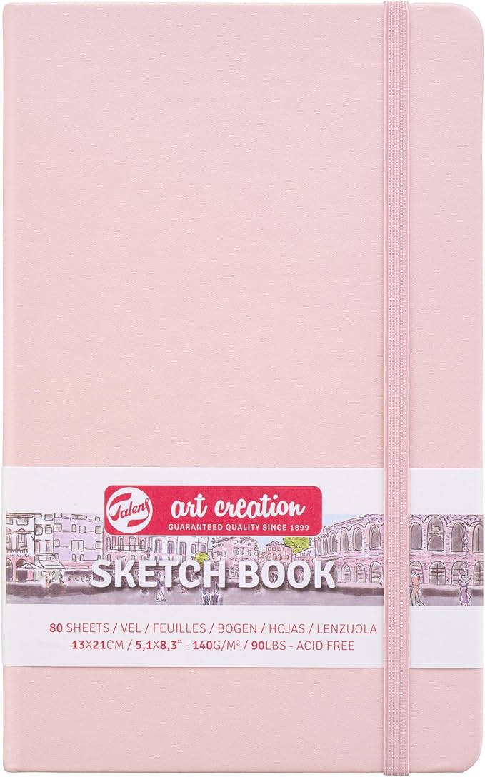 Talens Art Creation Sketchbook, Pastel Pink, 80 Sheets, 5.1 x 8.3 in | Hard-Bound Pocket Notebook, 140 GSM/94 lbs Paper, Acid-Free Cream Blank Paper, Ribbon Bookmark, and Elastic Closure