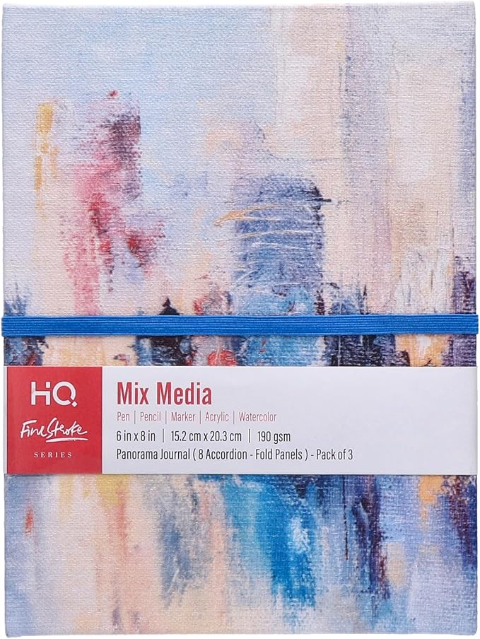 HQ Finestroke Panorama Mixed Media Journal, Zig Zag Fold Sketchbook, 6 x 8 Inches, Accordion Art Book, Canvas Cover, Pack of 3