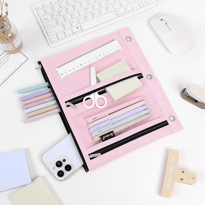 3 Ring Binder Pencil Pouch, 3-Pocket Zipper Pencil Case with Reinforced Grommets & Clear Window, Durable Pen Organizer for School Office Supplies Pink