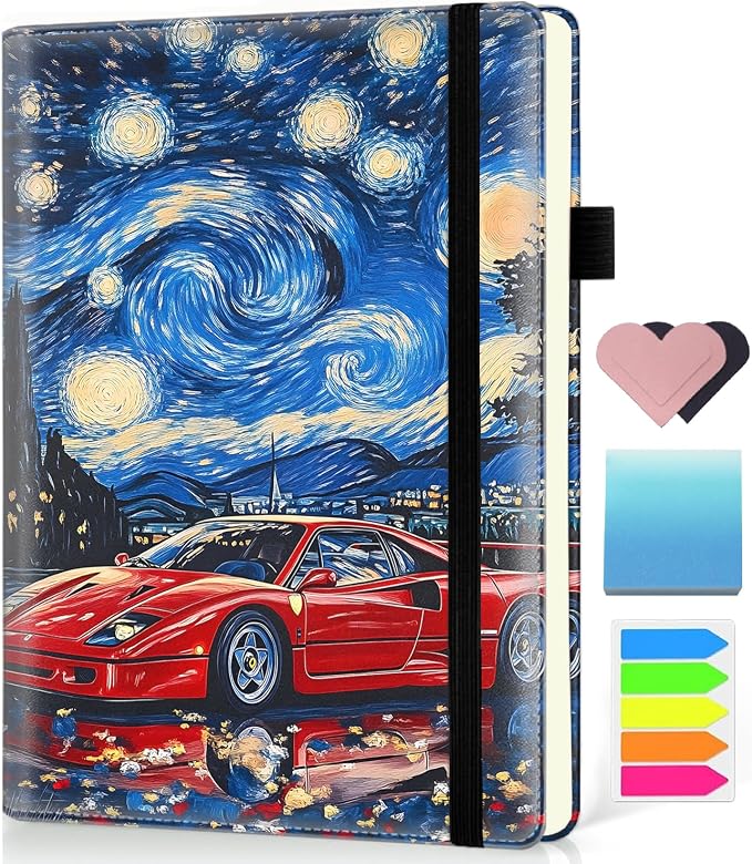Hardcover Executive Notebooks, A5 PU Leather Lined Journal Notebook, 200 Pages Thick Paper Subject Notebooks for School,Work,Home Writing Business Notebook, Diary Book ，Starry Night Sports Car