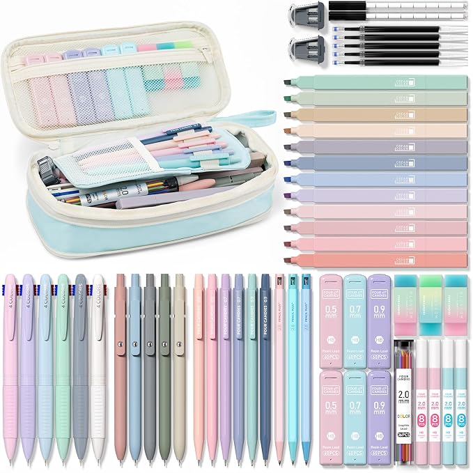 Four Candies 56 PCS School Supplies with Pencil Case, 6 Multicolor Pens, 12 Pastel Highlighters, 5 Gel Pens, 9 Mechanical Pencils for Student Back to School Stationery Set College Essentials (Blue)